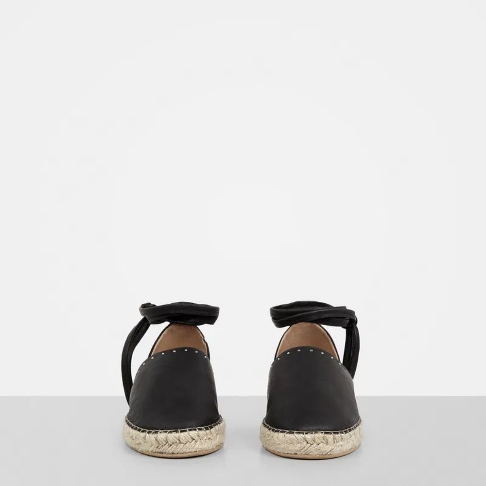 All Saints Black Leather Espadrille Ankle Tie Flats - Picture 9 of 9
